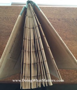 Handmade clothbound book by Edith Hanes, top view. 