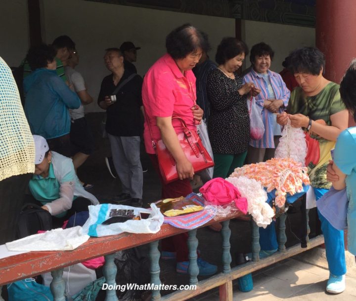 Crocheting at the park at Temple of Heaven in Beijing.