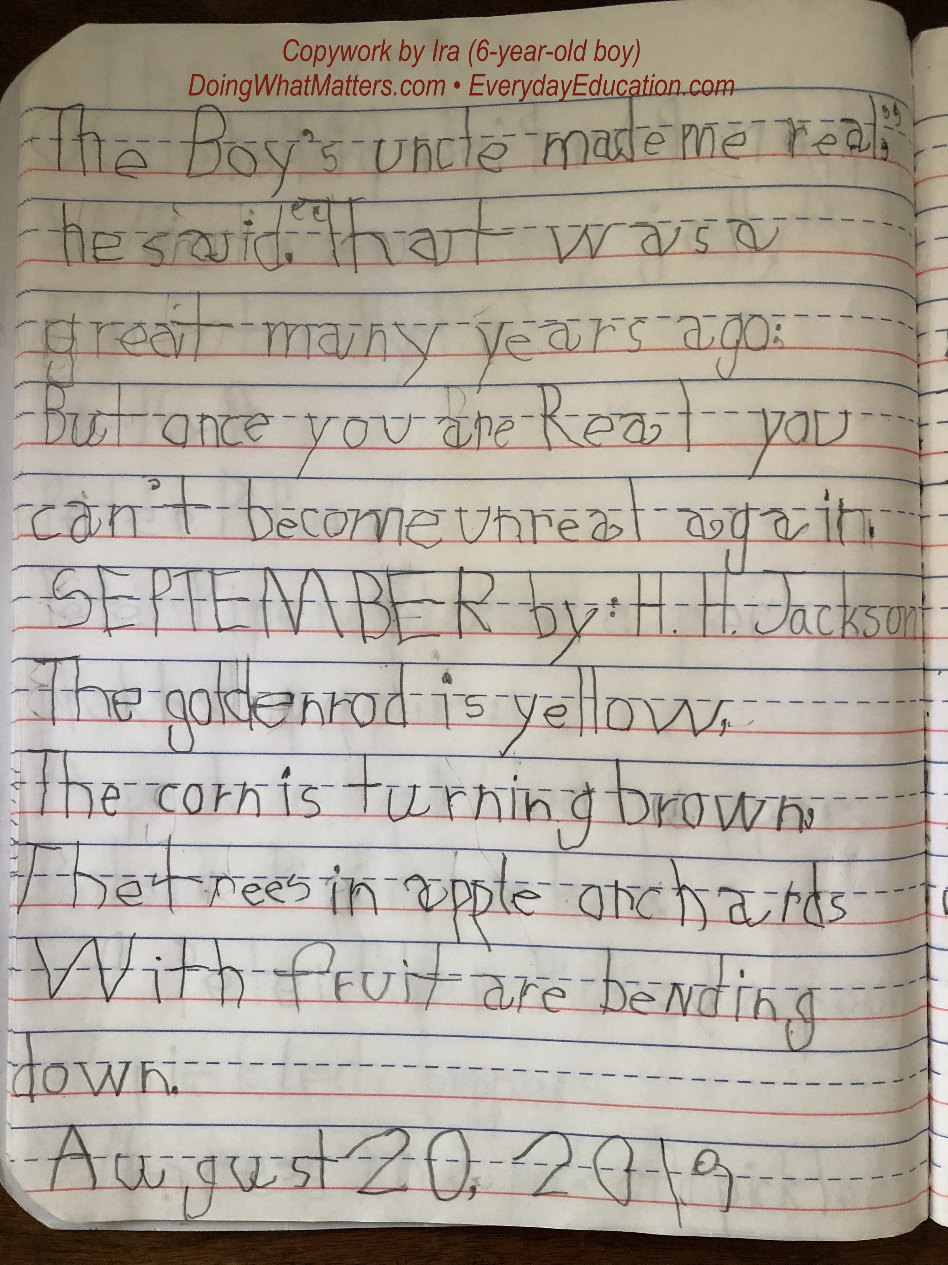Copywork by 6 year old boy, Everyday Education.