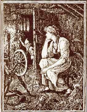 Can you spin straw into gold? An illustration for Rumplestilskin from The Blue Fairy Book by Andrew Lang.