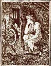 Can you spin straw into gold? An illustration for Rumplestilskin from The Blue Fairy Book by Andrew Lang.