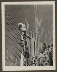 A courageous steel worker working on a section of the Grand Coulee dam east powerhouse. From the Library of Congress. Grand Coulee Dam, Columbia Basin Reclamation Project, Washington.
