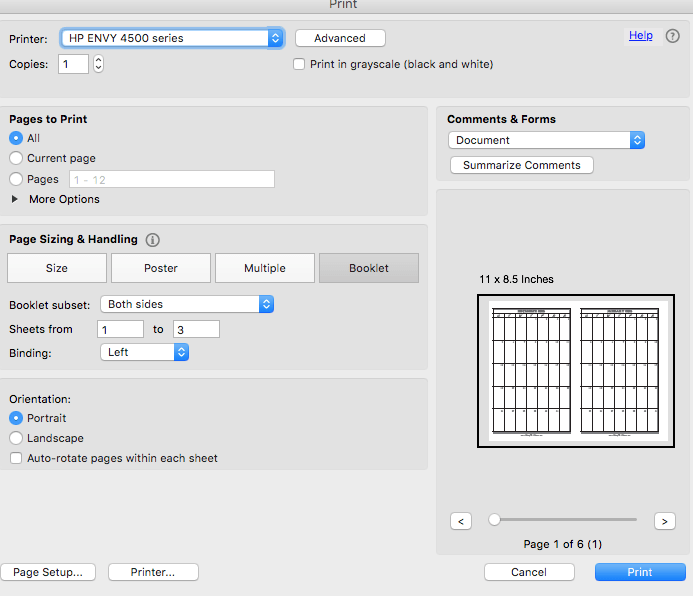Printer settings for printing the planner calendar on an inkjet printer.