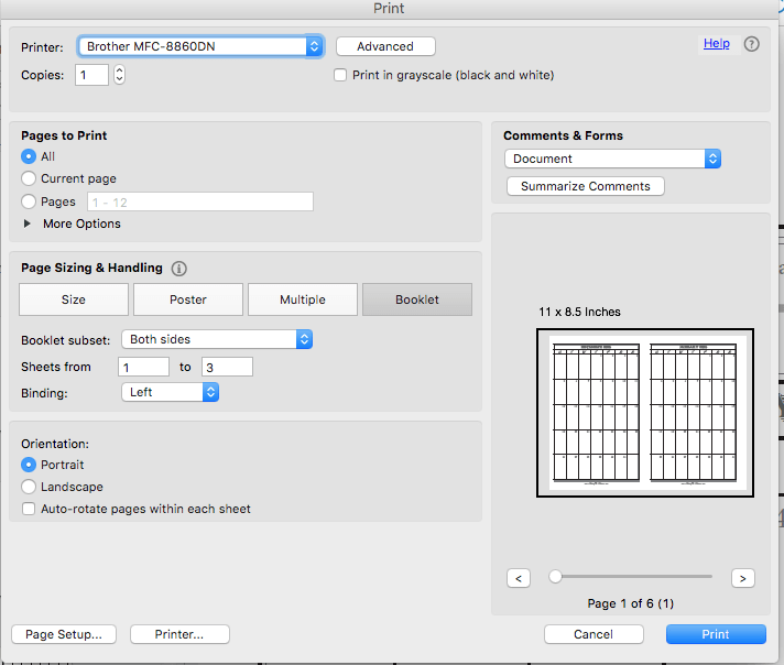 Settings for printing the planner calendar on a laser printer.